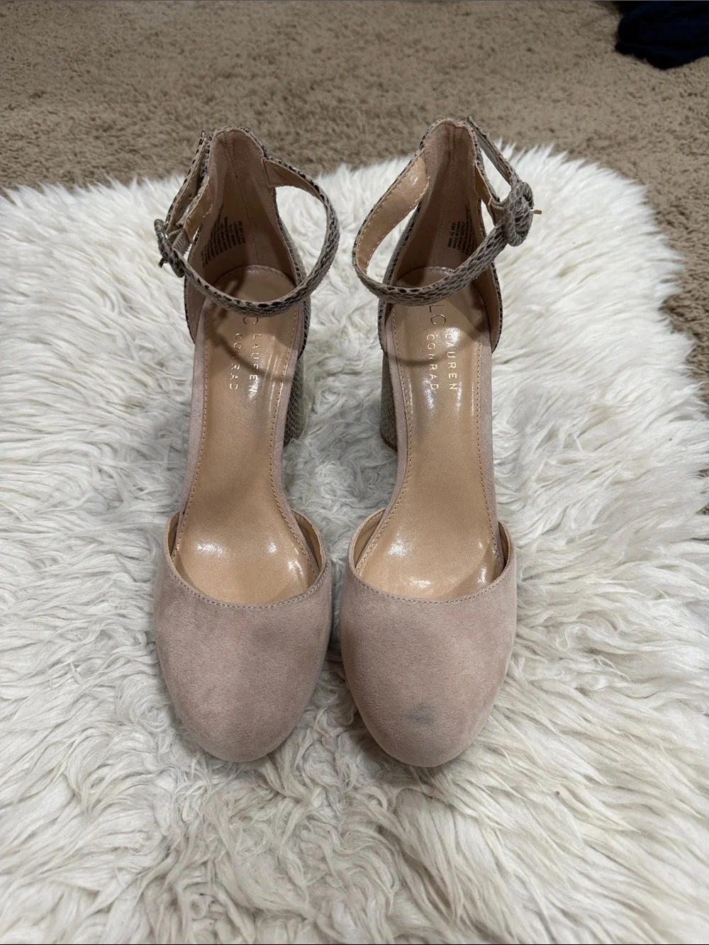LC Lauren Conrad LC Beige snakeskin‎ print ankle strap block heels Size 9.5